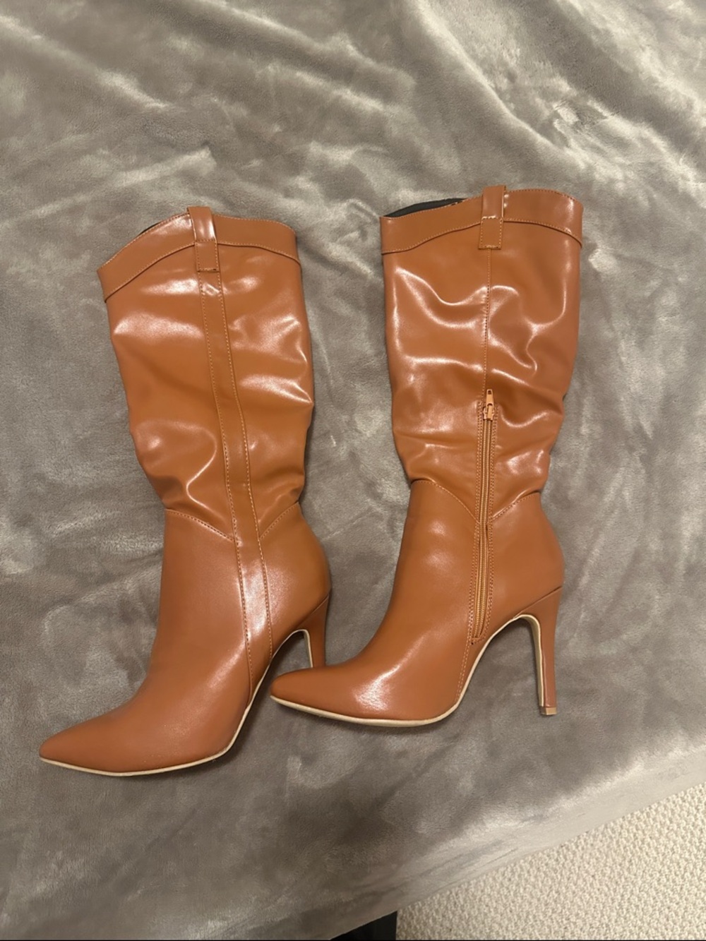 Women's Tan Mid-Calf Pointed Toe High Heel Boots